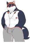  anthro bandanna blush bulge canine clothed clothing hands_in_pockets headphones male mammal muscular muscular_male nipples smile solo topless wolvesmind 