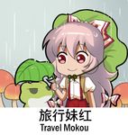  chibi chinese commentary_request cowboy_shot crossover english eyebrows_visible_through_hair frog fujiwara_no_mokou green_hat grey_background hat holding holding_leaf kaeru_(tabikaeru) leaf leaf_umbrella long_hair looking_at_another lowres mushroom pants puffy_short_sleeves puffy_sleeves rain red_eyes red_pants shangguan_feiying shirt short_sleeves smile standing suspenders tabikaeru touhou translated very_long_hair white_hair white_shirt 