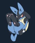  2018 3_toes ambiguous_gender black_fur blue_fur canine enon fur looking_at_viewer lucario mammal nintendo pawpads paws pok&eacute;mon pok&eacute;mon_(species) red_eyes simple_background smile solo tan_fur toes video_games 