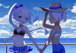  :d ahoge azur_lane bangs bare_arms bare_shoulders bikini_top black_bikini_top blue_bow blue_eyes blue_skirt blue_sky blush bow cloud cloudy_sky collarbone commentary_request criss-cross_halter dark_skin day eye_contact eyebrows_visible_through_hair hair_between_eyes hair_bow halter_top halterneck hat heart_ahoge high_ponytail holding_hands horizon indianapolis_(azur_lane) linhe_de_chuangzi long_hair looking_at_another multiple_girls ocean open_mouth outdoors pleated_skirt ponytail portland_(azur_lane) railing silver_hair skirt sky smile star sun_hat very_long_hair water wet wet_clothes wet_skirt white_bikini_top 