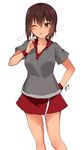  artist_name bangs collar_tug eyebrows_visible_through_hair girls_und_panzer grey_shirt hand_on_hip highres looking_at_viewer nishizumi_maho one_eye_closed open_mouth polo_shirt red_skirt saikawa_yusa shirt short_hair short_sleeves signature simple_background sketch skirt smile solo sportswear standing steam sweat tennis_uniform white_background wristband 