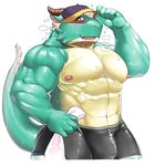  anthro blush bulge clothing hat horn looking_at_viewer male muscular muscular_male nipples open_mouth scalie smile solo sweat tight_clothing wolvesmind 