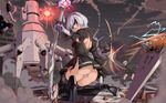  1girl absurdres ass black_dress blood boots dress hairband highres kneeling long_sleeves nier_(series) nier_automata oguro_(xhlj) puffy_sleeves robot sword thigh_boots thighhighs torn_clothes weapon white_hair yorha_no._2_type_b yorha_no._9_type_s 