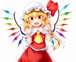  ascot bangs blonde_hair claw_pose eyebrows_visible_through_hair fang fingernails flandre_scarlet frills hands_up hat hat_ribbon highres looking_at_viewer m9kndi mob_cap open_mouth puffy_short_sleeves puffy_sleeves red_eyes red_skirt ribbon short_sleeves simple_background skirt skirt_set solo touhou vest white_background white_hat wings wrist_cuffs yellow_neckwear 