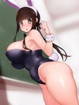  1girl areola_slip bare_shoulders blush breasts brown_eyes brown_hair bunny_ears bunny_girl bunny_tail bunnysuit butsu_menhou classroom curvy fake_animal_ears female highleg huge_breasts leotard long_hair looking_at_viewer looking_back open_mouth original profile school shiny shiny_skin solo standing thick_thighs wide_hips 