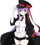  &gt;:) alternate_costume bad_id bad_pixiv_id bangs bb_(fate)_(all) bb_(fate/extra_ccc) black_coat black_neckwear black_shorts bow breasts cleavage coat cowboy_shot fate/extra fate/extra_ccc fate_(series) gloves hat hat_bow hat_tip highres large_breasts long_hair long_sleeves looking_at_viewer navel necktie open_clothes open_coat purple_eyes purple_hair red_bow red_legwear red_ribbon ribbon short_shorts shorts smile solo strapless takae_(poupee_en_biscuit) thighhighs tubetop v-shaped_eyebrows very_long_hair white_background white_gloves 