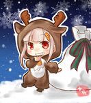  animal_costume antlers artist_name blonde_hair chibi commentary_request grin hair_ornament hairclip highres kantai_collection long_hair red_eyes reindeer_antlers reindeer_costume remodel_(kantai_collection) sack smile snowflakes solo taisa_(kari) yuudachi_(kantai_collection) 