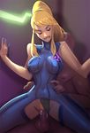  1boy 1girl adapted_costume blonde_hair breasts clothed_sex crotch_cutout cum cum_in_pussy erect_nipples eyes_closed faceless_male girl_on_top metroid nail_polish nintendo panties panties_aside penis ponytail pubic_hair raunchy_ninja samus_aran sex testicles underwear zero_suit 