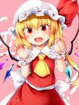  ascot bangs blonde_hair claw_pose eyebrows_visible_through_hair fang fingernails flandre_scarlet frills hands_up hat hat_ribbon highres looking_at_viewer m9kndi mob_cap open_mouth pink_background puffy_short_sleeves puffy_sleeves red_eyes red_skirt ribbon short_sleeves simple_background skirt skirt_set solo touhou vest white_hat wings wrist_cuffs yellow_neckwear 