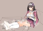  1girl absurdres bangs between_legs black_hair breasts brown_background cleavage commentary_request eyebrows_visible_through_hair fate/grand_order fate_(series) hair_ornament hairband highres jikatarou kotatsu large_breasts long_hair osakabe-hime_(fate/grand_order) playing_games sitting sketch skirt smile socks solo_focus steam table under_kotatsu under_table white_legwear 