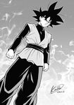  artist_name black_eyes black_hair clenched_hands dated dougi dragon_ball dragon_ball_super earrings frown gokuu_black grey_background greyscale jewelry karoine long_sleeves looking_away male_focus monochrome serious simple_background solo spiked_hair standing 