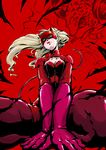  blonde_hair blue_eyes bodysuit boots breasts cleavage_cutout gloves high_heel_boots high_heels highres long_hair looking_at_viewer mask medium_breasts persona persona_5 seiza sitting solo takamaki_anne thigh_boots thighhighs twintails yoruhasu_gekkei 