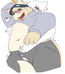  anthro blush canine clothed clothing eyewear glasses hat male mammal nipple_pinch open_mouth pinch smile solo_focus standing sweat tongue tongue_out unzipped wolvesmind 
