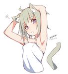  :o animal_ears armpits arms_up bare_arms bare_shoulders blush breasts camisole cat_ears cat_girl cat_tail dated green_hair head_tilt looking_at_viewer maze_(gochama_ze_gohan) original parted_lips purple_eyes signature simple_background small_breasts solo tail upper_body white_background white_camisole 
