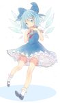  black_footwear bloomers blue_bow blue_dress blue_eyes blue_hair bobby_socks bow cirno closed_mouth commentary dress english_commentary eyebrows_visible_through_hair fingers_together frilled_dress frills full_body hair_bow hitsukuya ice looking_at_viewer mary_janes neck_ribbon puffy_short_sleeves puffy_sleeves red_neckwear red_ribbon ribbon shoes short_sleeves simple_background sketch smile socks solo steepled_fingers touhou underwear unfinished white_background white_legwear wings 