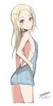 backless_outfit bangs bare_arms bare_shoulders blonde_hair blue_sweater blush closed_mouth cowboy_shot dated long_hair looking_at_viewer looking_to_the_side maze_(gochama_ze_gohan) meme_attire naked_sweater original parted_bangs purple_eyes ribbed_sweater signature simple_background smile solo sweater virgin_killer_sweater white_background 