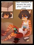  2018 anthro beverage black_hair brown_fur chips_(food) claralaine comic comic_book cub digital_media_(artwork) english_text feline food fur hair male mammal orange_fur orange_tail scared sitting smile striped_fur striped_tail stripes text young 