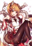  :3 :d animal_ears ass bare_shoulders black_legwear blonde_hair blush breasts chromatic_aberration clenched_hands dog dog_ears dog_tail erune from_side granblue_fantasy heart highres homaderi japanese_clothes looking_at_viewer open_mouth pantyhose paw_pose paw_print rope shimenawa short_hair sitting small_breasts smile solo spoken_heart tail vajra_(granblue_fantasy) 