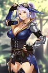  arm_guards arm_up armor belt blurry blurry_background breasts cleavage commentary_request day elbow_gloves elbow_pads fingerless_gloves fingernails gloves goggles goggles_on_head grin hand_on_hip highres horns houtengeki jewelry large_breasts long_hair looking_at_viewer monster_hunter monster_hunter:_world necklace original outdoors parted_lips ponytail purple_hair red_eyes shoulder_armor smile solo thighhighs tzitzi-ya-ku_(armor) zettai_ryouiki 