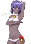  1nilla' arm_behind_head armpits bangs bare_shoulders bell blush breasts commentary dark_skin english eyebrows_visible_through_hair fate/grand_order fate_(series) hassan_of_serenity_(fate) headdress highres horns looking_at_viewer medium_breasts merry_sheep navel panties presenting purple_eyes purple_hair ribs sheep_horns short_hair simple_background smile stomach underboob underwear white_background white_panties wool 