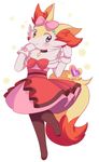  blush bow braixen clothed_pokemon cosplay dress gen_6_pokemon gloves hair_bow looking_at_viewer no_humans pink_(4chan) pink_bow pink_dress pokemon pokemon_(creature) red_bow serena_(pokemon) serena_(pokemon)_(cosplay) solo standing standing_on_one_leg 