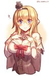  ? blonde_hair blue_eyes braid breasts cleavage crown dress flower french_braid highres jewelry kantai_collection long_hair long_sleeves looking_at_viewer medium_breasts mika_(1020mk) mini_crown necklace off-shoulder_dress off_shoulder red_flower red_ribbon red_rose ribbon rose smile solo twitter_username upper_body warspite_(kantai_collection) white_dress 