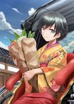  abazu-red ahoge artist_name bag black_eyes black_hair closed_mouth cloud cloudy_sky commentary day eyebrows_visible_through_hair floral_print flower girls_und_panzer grocery_bag highres holding isuzu_hana japanese_clothes kimono long_hair long_sleeves looking_at_viewer outdoors print_kimono rickshaw shopping_bag signature sitting sky smile solo wide_sleeves yellow_kimono 