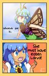  2koma antennae aqua_hair blue_eyes blue_hair butterfly_wings cirno closed_mouth cloud comic commentary dress english eternity_larva eyebrows_visible_through_hair flower highres leaf leaf_on_head medium_hair multicolored multicolored_clothes multicolored_dress multiple_girls neferkitty open_mouth outstretched_arms parody red_eyes sky spongebob_squarepants spread_arms sunflower sunlight tan tanned_cirno touhou wings 