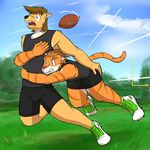 american_football anthro bulge canine clothed clothing coyote duo feline fuze joe_(fuze) male mammal mond_reyes shirt shorts sport story story_in_description tackle tank_top tiger 