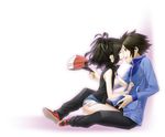  1girl baseball_cap black_hair blush brown_hair closed_eyes couple denim denim_shorts hat hat_removed headwear_removed hetero jacket kneeling pesu_(penpen) pokemon pokemon_(game) pokemon_bw ponytail shorts tears touko_(pokemon) touya_(pokemon) vest 