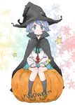  bad_id bad_pixiv_id blue_eyes blue_hair cape grey_hair halloween hat ichinose_(ktmnn) kita_high_school_uniform kneehighs nagato_yuki pumpkin school_uniform serafuku short_hair sitting solo star suzumiya_haruhi_no_yuuutsu wand witch_hat 