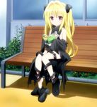 age_regression barefoot bench blonde_hair book child flat_chest konjiki_no_yami long_hair oversized_clothes screencap shoes single_shoe solo stitched third-party_edit to_love-ru younger 