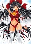  bikini black_hair detached_sleeves front-tie_top hakurei_reimu long_hair marker_(medium) pastel_(medium) red_eyes solo swimsuit thighhighs touhou traditional_media very_long_hair yadokari_genpachirou 