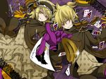  1girl blonde_hair brother_and_sister card falling_card gloves hair_ornament hair_ribbon hairclip holding holding_card inukai_(g_a) kagamine_len kagamine_rin lying_card ribbon short_hair siblings smile twins vocaloid yellow_eyes 