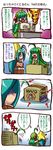  4koma ahoge box cardboard_box comic computer cthulhu cthulhu-tan cthulhu_mythos elder_thing fire green_hair hair_over_eyes me-tan multiple_girls os-tan poni_(od.zrf0vka) smoke sweatdrop translation_request 