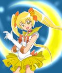  back_bow bishoujo_senshi_sailor_moon blonde_hair blue_background bow choker cosplay crescent_moon cure_sunshine heartcatch_precure! long_hair look-alike magical_girl moon myoudouin_itsuki orange_bow parody pink_choker precure sailor_senshi_costume sailor_senshi_uniform skirt solo suzunari_ichigo_(rokkencyaya) tsuki_ni_kawatte_oshioki_yo twintails yellow_eyes yellow_skirt 