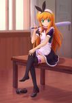  bad_id bad_pixiv_id baseball_bat black_legwear blonde_hair crossed_legs feet green_eyes headdress highres isurugi_mio long_hair maid mm! shoes single_shoe sitting solo thighhighs very_long_hair wudi_de_pangxie zettai_ryouiki 