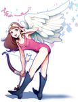  arrow bikkuriman blue_eyes boots bow_(weapon) brown_hair harumaki juujika_tenshi leotard long_hair pink_leotard red_leotard salute solo weapon wings 