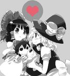  bow character_doll doll hair_bow hakurei_reimu hat heart kirisame_marisa monochrome multiple_girls smile spoken_heart spot_color suzune_yuuji touhou 