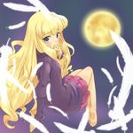  barefoot blonde_hair blue_eyes blush feathers feet full_moon kami_nomi_zo_shiru_sekai kujou_tsukiyo long_hair moon skirt soles solo very_long_hair yuto_(dialique) 