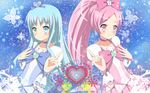  bad_id bad_pixiv_id blue_choker blue_eyes blue_hair bow choker cure_blossom cure_marine hanasaki_tsubomi heart heartcatch_precure! highres kurumi_erika long_hair magical_girl multiple_girls pink_bow pink_choker pink_eyes pink_hair ponytail precure wallpaper yunotimo 