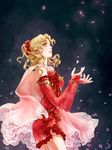  blonde_hair cape dress earrings final_fantasy final_fantasy_vi green_eyes hair_ribbon jewelry long_hair petals ponytail ren_mizuha ribbon solo tina_branford 