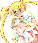 blonde_hair breasts brown_eyes c.r. crop_top crop_top_overhang cure_sunshine hair_ribbon heartcatch_precure! long_hair looking_at_viewer magical_girl marker_(medium) medium_breasts midriff millipen_(medium) myoudouin_itsuki navel open_mouth orange_skirt precure ribbon shikishi skirt smile solo traditional_media twintails underboob white_background 