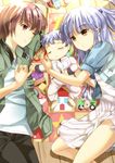  1girl angel_beats! baby bad_id bad_pixiv_id brown_eyes brown_hair child closed_eyes couple dress family hetero highres if_they_mated long_hair lying older on_back on_side onaka_sukisuki one_eye_closed otonashi_(angel_beats!) rattle short_hair silver_hair sleeping smile tenshi_(angel_beats!) toy yellow_eyes 