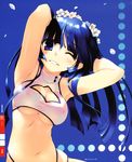  absurdres amazuyu_tatsuki armpits blue_eyes blue_hair blush breasts cleavage cleavage_cutout covered_nipples flower grin hair_flower hair_ornament highres long_hair medium_breasts navel one_eye_closed open_mouth original skindentation smile solo underboob 