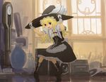  apron blonde_hair boots braid clock curiosities_of_lotus_asia dress grandfather_clock hair_ribbon hands_on_headwear hat highres kirisame_marisa long_hair open_mouth pinzu purple_eyes ribbon sitting smile solo touhou window witch_hat 