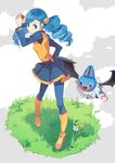  ace_trainer_(pokemon) blue_eyes blue_hair blue_legwear cloud drill_hair eihi faux_figurine flower gen_5_pokemon grass holding holding_poke_ball pantyhose poke_ball pokemon pokemon_(creature) pokemon_(game) pokemon_bw skirt swoobat 