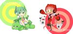  1girl animal_helmet bodysuit chibi circle concentric_circles gachapin green hello_kitty helmet hirake!_ponkikki long_hair mui necktie nekomura_iroha red ryuuto_(vocaloid) vocaloid 