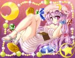  :o bare_legs book chemise crescent gem hand_in_hair hat high_heels hiiragi_tomoka legs long_hair looking_at_viewer patchouli_knowledge pink_hair purple_eyes purple_hair remilia_scarlet sandals shoes solo strap_slip touhou 