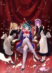  adjusting_hair akita_neru apron aqua_eyes aqua_hair blonde_hair blue_eyes blush bow chair character_request crossed_legs dress frills hair_ornament hands_clasped hat hatsune_miku highres ichiko_oharu long_hair looking_at_viewer maid maid_headdress mary_janes multiple_girls open_mouth own_hands_together petals purple_hair shoes side_ponytail sitting thighhighs throne top_hat twintails vocaloid white_legwear 